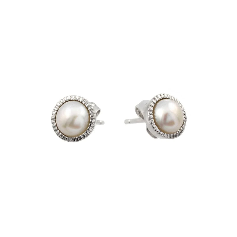 Women’s gemstone drop earrings-Silver 925 Rhodium Plated Round CZ Inlay Center Fresh Water Pearl Stud Earrings