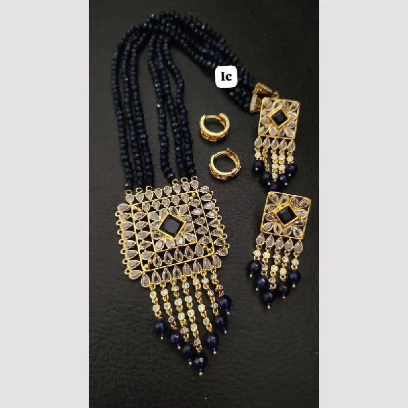 Women’s art deco necklace-FS Collection Gold Plated Crystal Stone And Beads Long Necklace Set