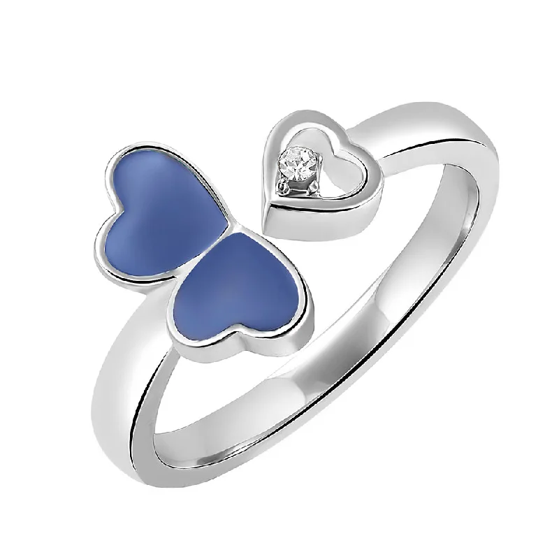 Women’s signet diamond ring-Mahi Tripple Heart Blue Meena Work Silver Color Adjustable Finger Ring for Women (FR1103131RBlu)