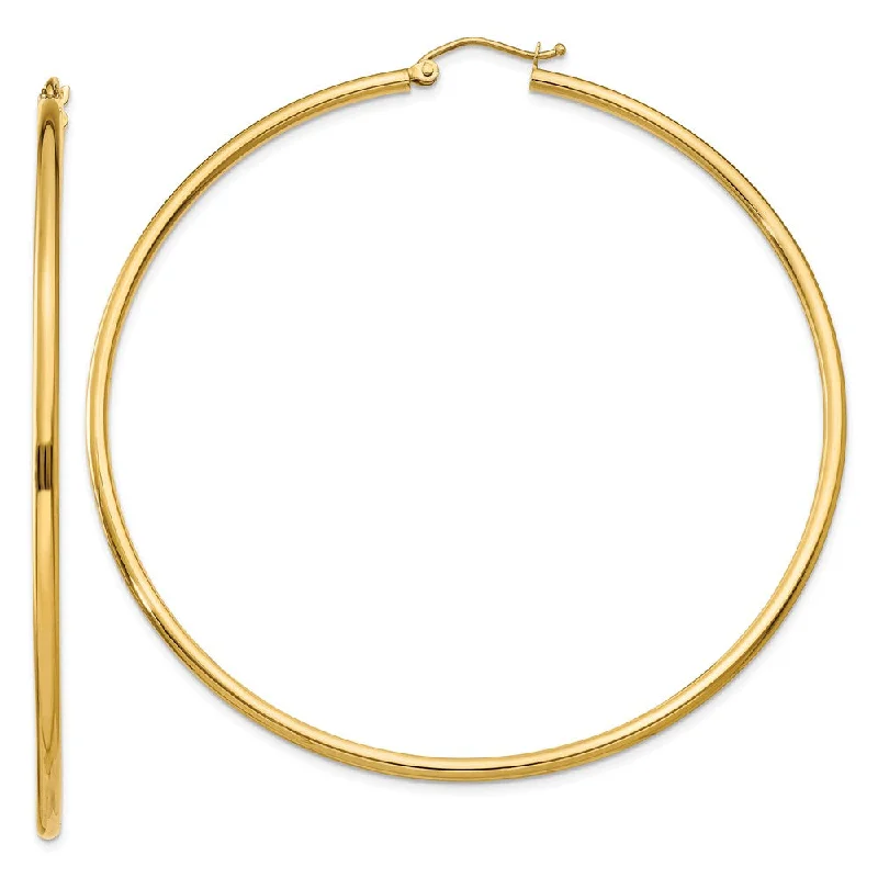 Women’s luxury earrings-2mm, 14k Yellow Gold Classic Round Hoop Earrings, 65mm (2 1/2 Inch)