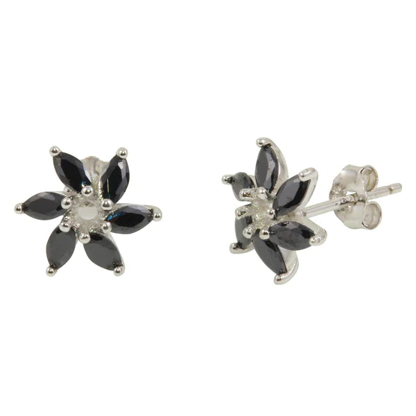 Women’s animal-shaped earrings-Sterling Silver 925 Rhodium Plated Black 6 Petal Flower Stud Earrings