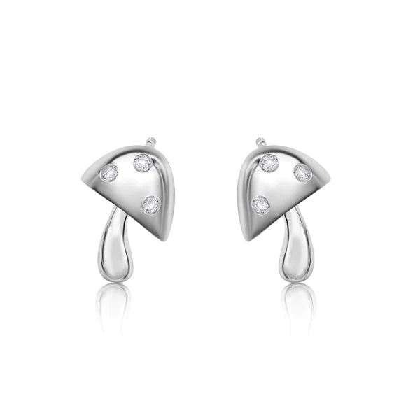 Women’s elegant earrings-Silver 925 Rhodium Plated Mushroom Clear CZ Stud Earrings