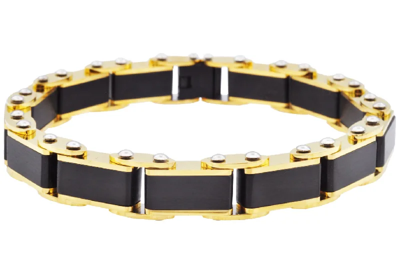 Women’s charm bracelet-Mens Two Tone Black And Gold Stainless Steel Bracelet With Pins