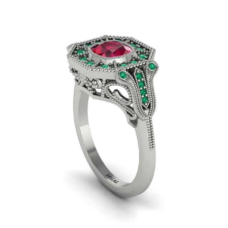 Women’s bridal engagement ring-Ruby Cushion Cut Art Deco Engagement Ring - Kristin No. 27