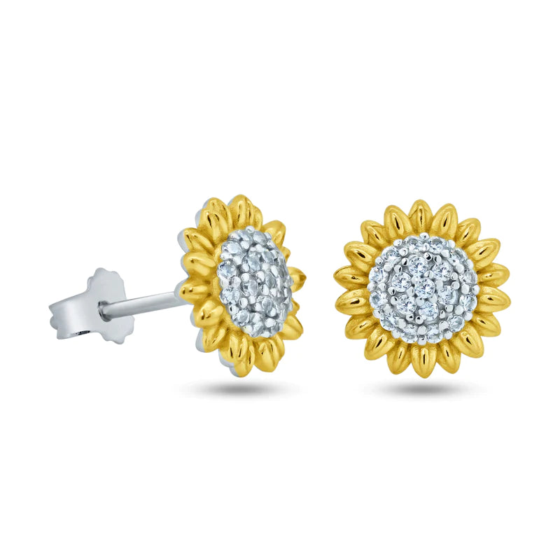 Women’s ear climbers-Sterling Silver Rhodium Plated 2 Toned Sunflower CZ Stud Earrings