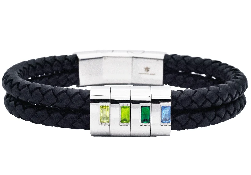 Women’s timeless bracelet-Men's Double Strand Black Leather Stainless Steel Bracelet With Green Cubic Zirconia