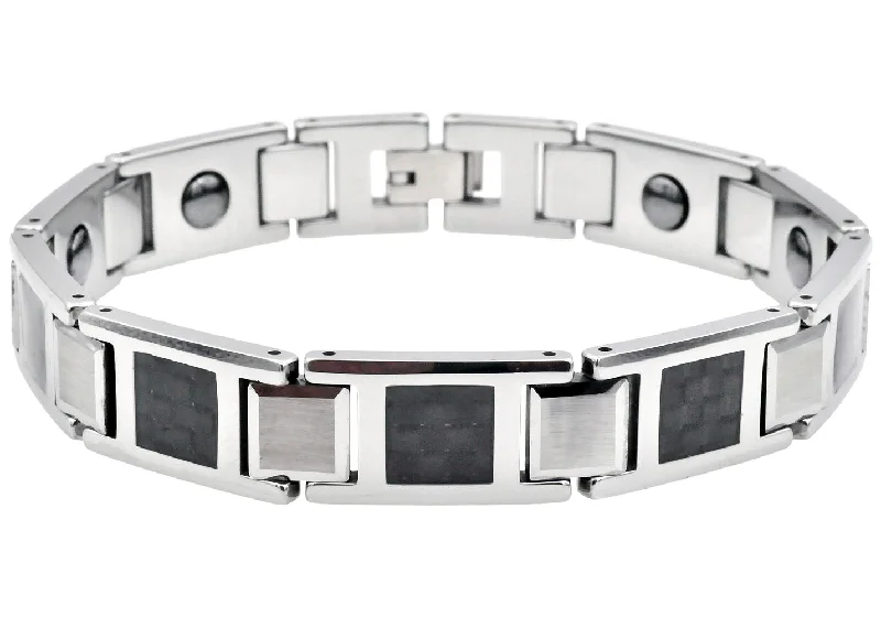 Women’s casual bangles-Mens Two-Toned Black and White Carbon Fiber Tungsten Bracelet