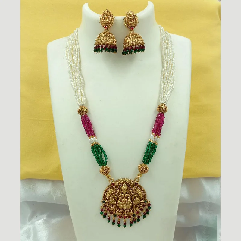 Women’s dainty necklace-FS Collection Gold Plated Pota Stone And Pearl Temple Necklace Set