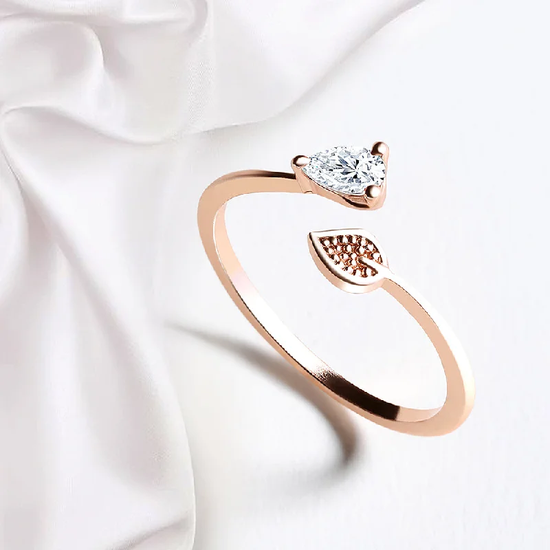 Women’s large gemstone statement ring-Mahi Rose Gold Plated Leaf Shaped Adjustable Finger Ring with Cubic Zirconia for Women (FR1103165ZWhi)