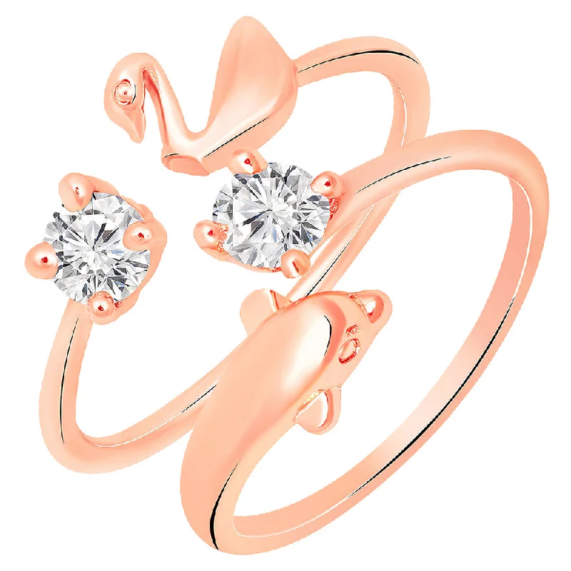 Women’s promise engagement ring-Mahi Rose Gold Plated Combo of Duck and Dolphin Shaped Adjustable Finger Ring with Cubic Zirconia for Women (CO1105441Z)