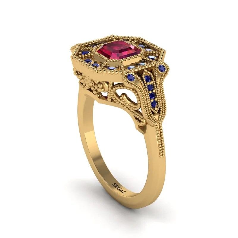 Women’s mixed metal engagement ring-Ruby Emerald Cut Art Deco Engagement Ring - Dawn No. 70