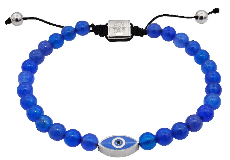 Women’s engraved gold bracelet-Mens Genuine Blue Agate 6mm Bead Stainless Steel Drawstring Evil Eye Bracelet