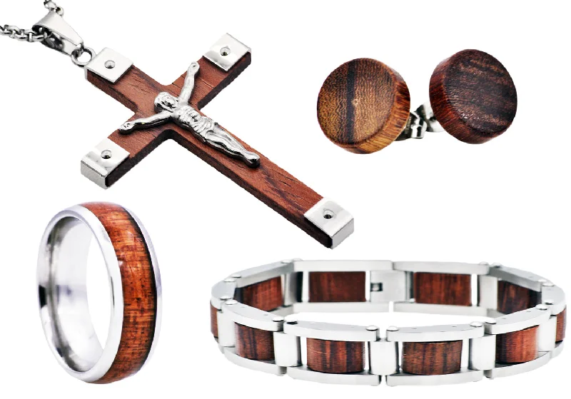 Women’s bohemian bracelet-Mens Wood And Stainless Steel Cross Pendant Bracelet Ring And Earring Set