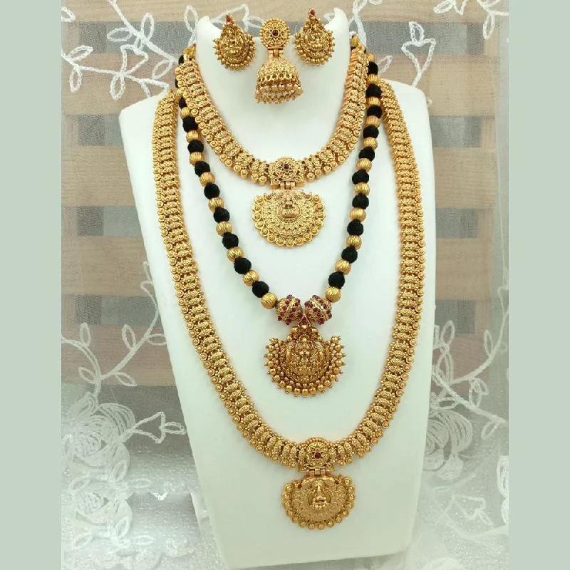 Women’s chain link necklace-Fs Collection Gold Plated Pota Stone Temple Long Necklace Combo Set