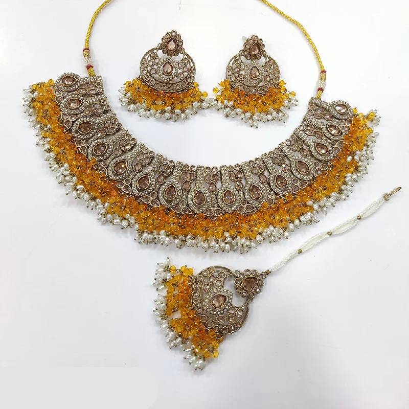 Women’s wedding necklace-JCM Gold Plated Crystal Stone Pearls And Beads Necklace Set