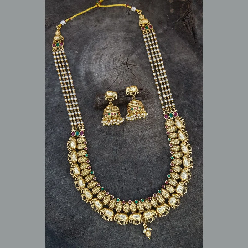 Women’s classic gold necklace-Sangita Creation  Copper Gold  Pota Stone Temple Long  Necklace Set