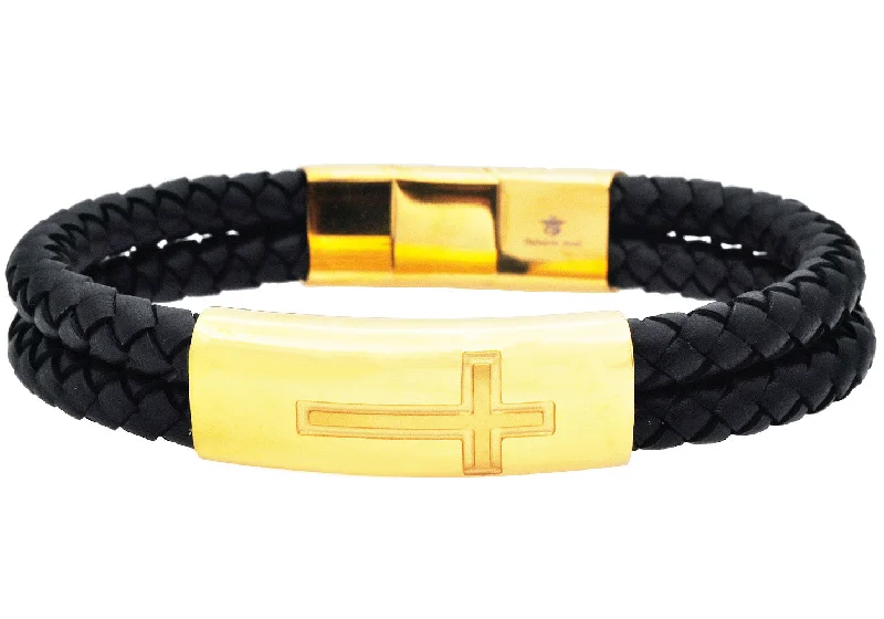 Women’s engraved bangle-Mens Gold Stainless Steel Double Strand Black Leather Cross Bracelet