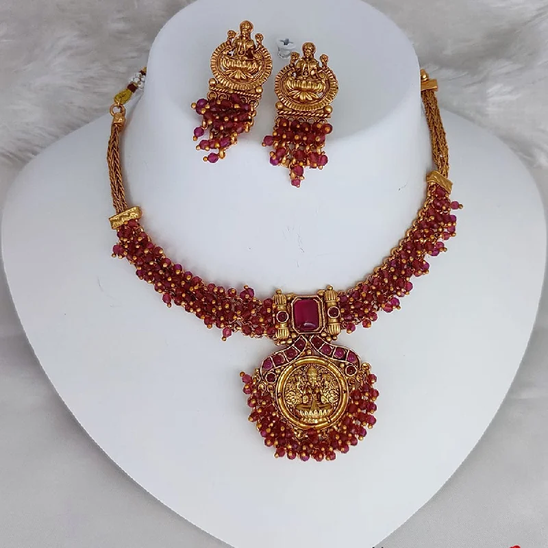 Women’s crystal necklace-Lucentarts Jewellery Gold Plated Pearls Temple Choker Necklace Set