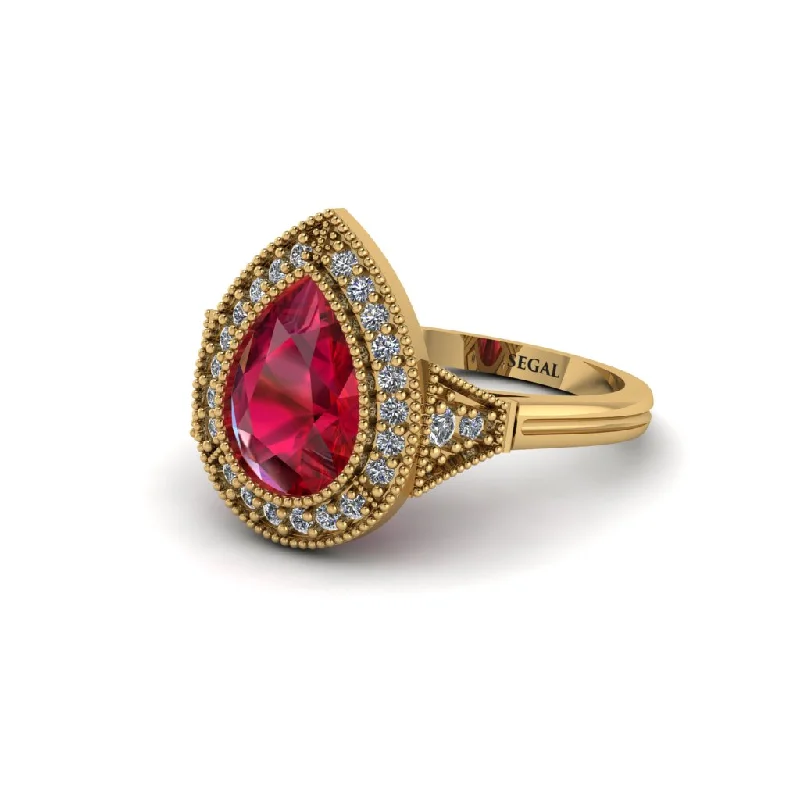 Women’s radiant diamond engagement ring-Pear Cut Ruby Milgrain Halo Engagement Ring - Daleyza No. 10