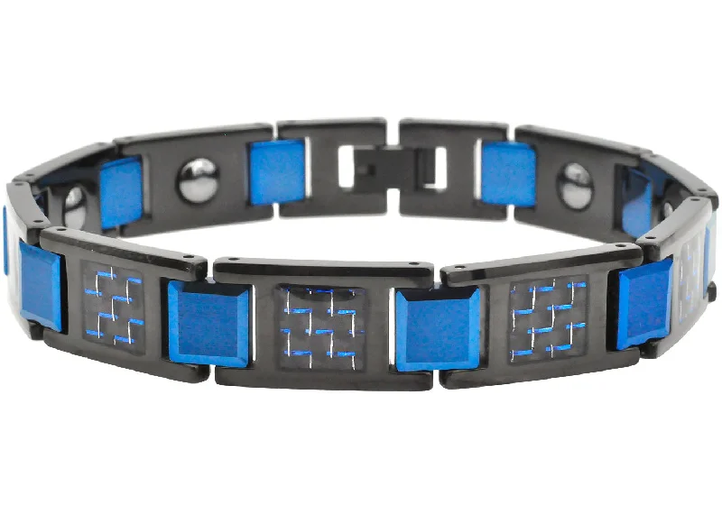 Women’s designer bracelet-Mens Two-Toned Black and Blue Carbon Fiber Tungsten Bracelet