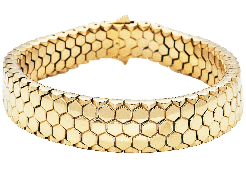 Women’s gemstone cuff bracelet-Mens Honey Comb Texture Gold Plated Stainless Steel Bracelet