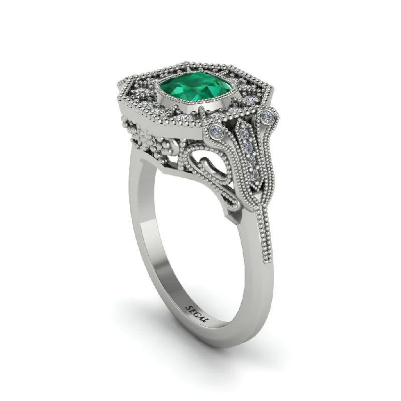 Women’s three-stone engagement ring-Emerald Cushion Cut Art Deco Engagement Ring - Kristin No. 6