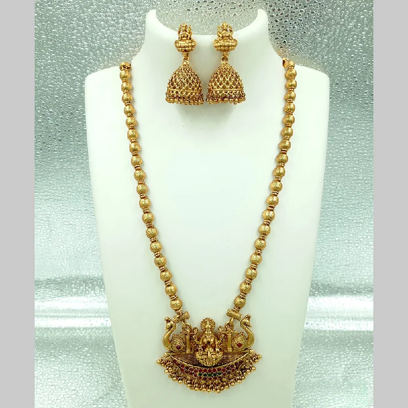 Women’s fashion necklace-Joyful Jewel Art Matte Gold Plated Pota Stone Temple Long Necklace Set