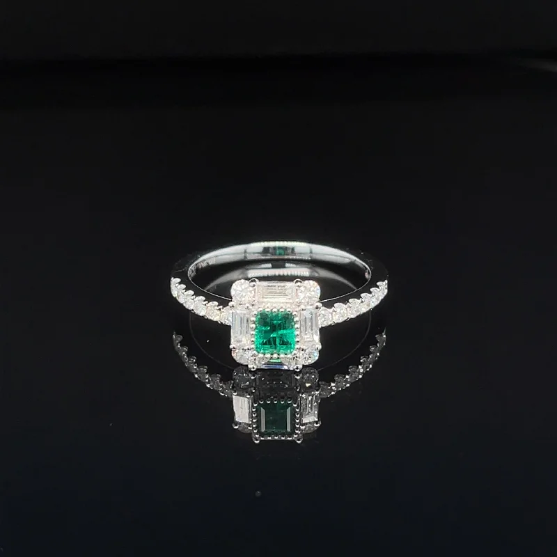 Women’s gemstone engagement ring-Emerald & Diamond Cushion Halo Engagement Ring in 18k White Gold - #607 - RGEME065955