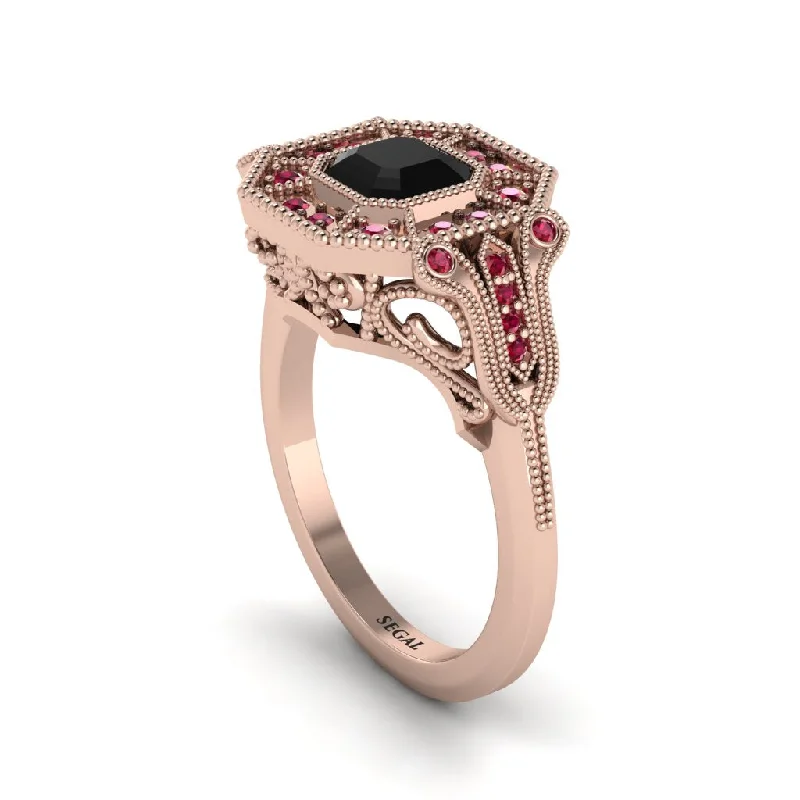 Women’s rose gold engagement ring-Black Diamond Emerald Cut Art Deco Engagement Ring - Dawn No. 53