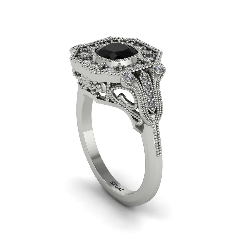 Women’s radiant cut engagement ring-Black Diamond Cushion Cut Art Deco Engagement Ring - Kristin No. 9