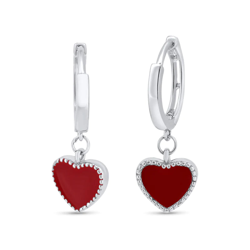 Women’s hoop earrings-Silver 925 Rhodium Plated Red Enamel Heart 10mm Hoop Earrings