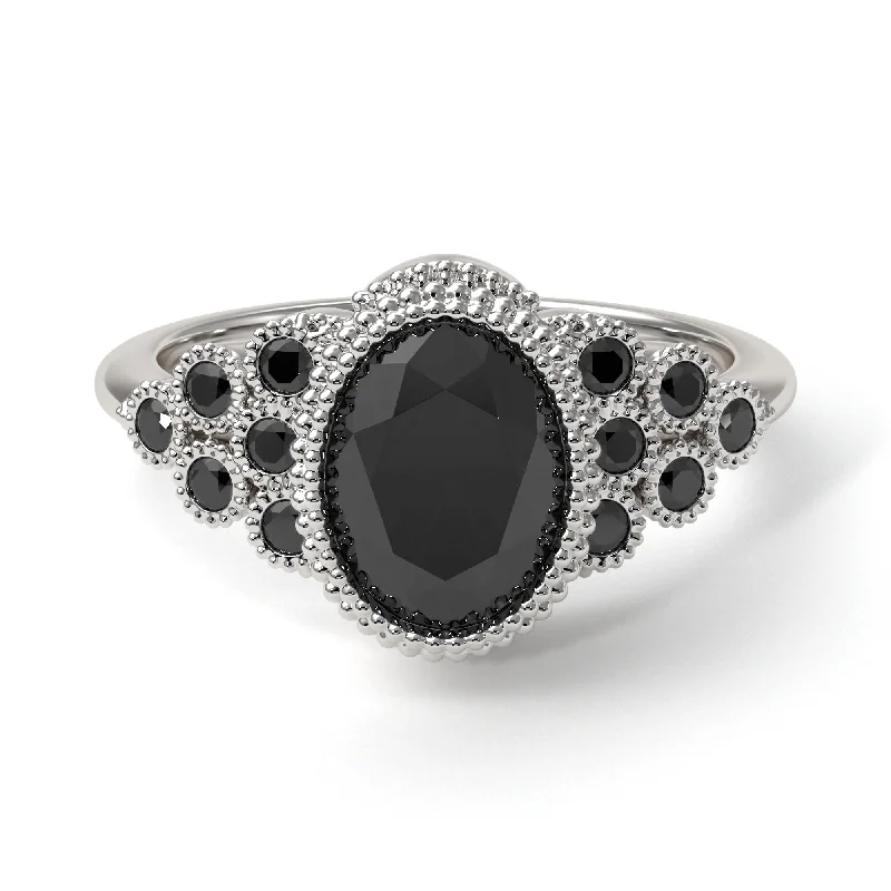 Women’s wedding ring set-Black Diamond Milgrain Beaded Bezel Engagement Ring - Stacy No. 39