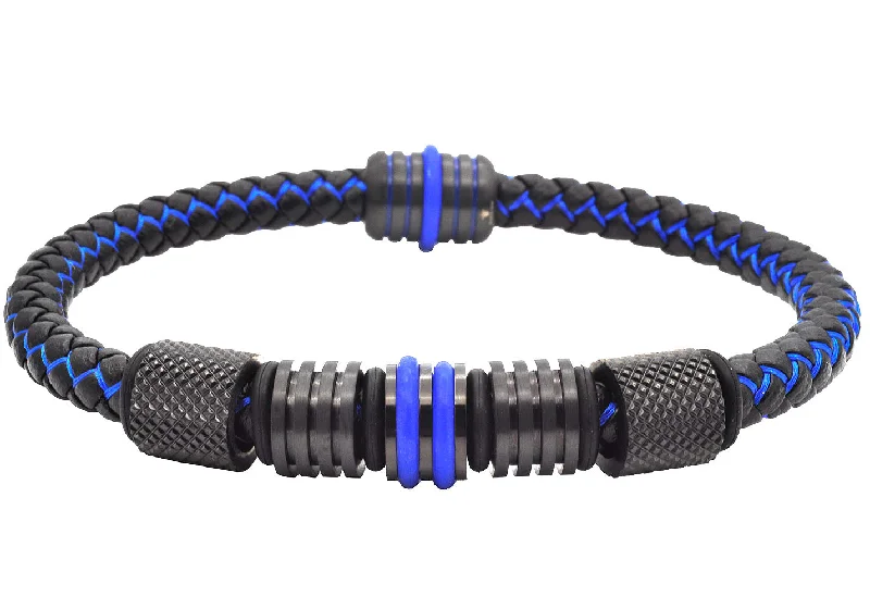 Women’s rainbow bracelet-Mens Two-Tone Black and Blue Leather Stainless Steel Bracelet