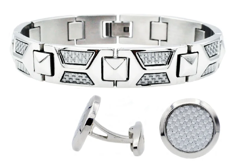 Women’s friendship bracelet-Mens Stainless Steel And White Carbon Fiber Bracelet And Cufflink Set