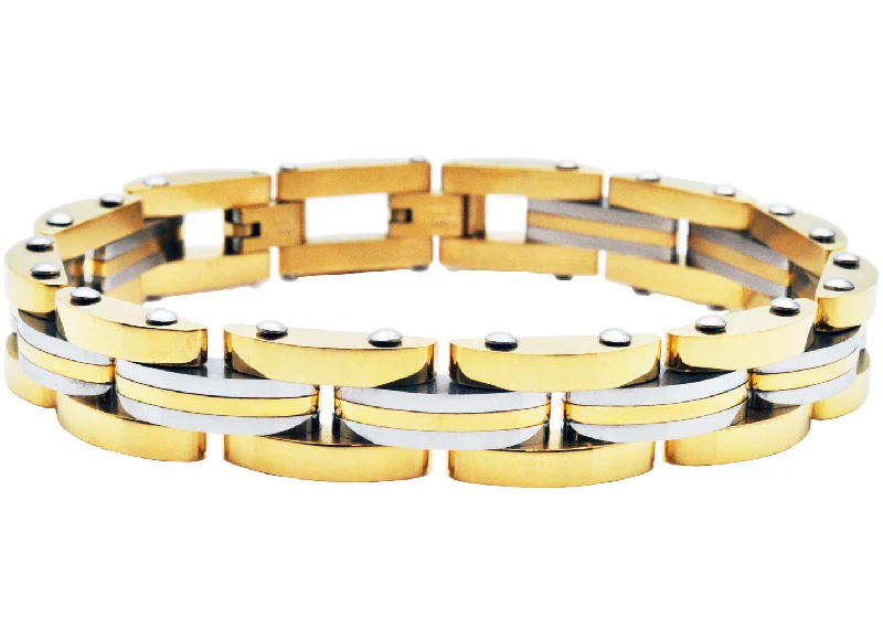 Women’s luxury bracelet-Mens Two Toned Striped Gold and Stainless Steel Bracelet