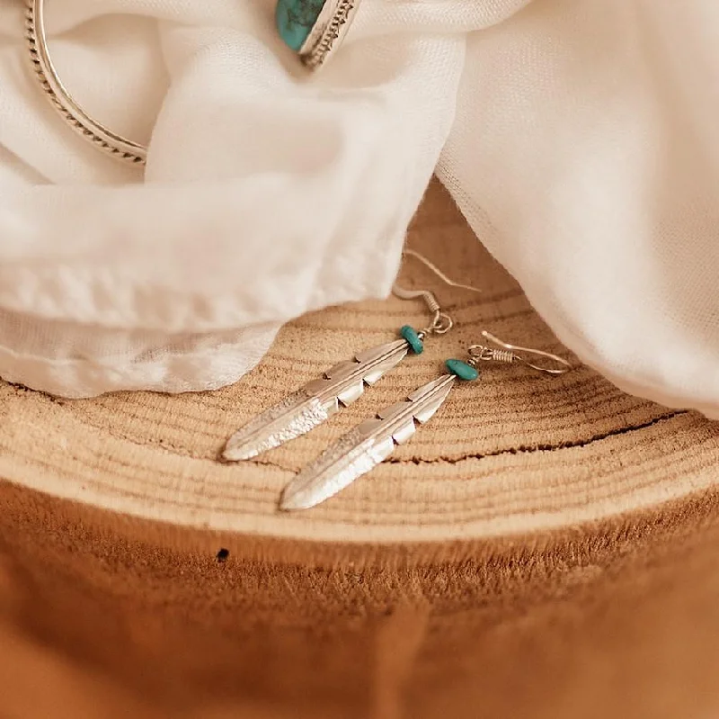 Women’s crystal earrings-Navajo Feather Turquoise Earrings - Sterling Silver