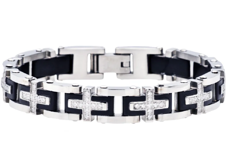 Women’s friendship bracelet-Mens Black Stainless Steel Cross Bracelet With Cubic Zirconia