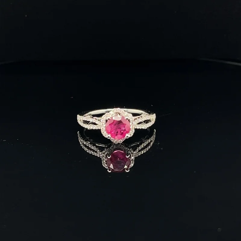 Women’s simple diamond ring-Ruby & Diamond Halo Entwined Split Shank Engagement Ring - (#104-RGRUB104765)