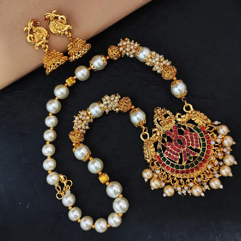 Women’s gold chain necklace-Heera Jewellers Gold Plated Pota Stone Temple Necklace Set