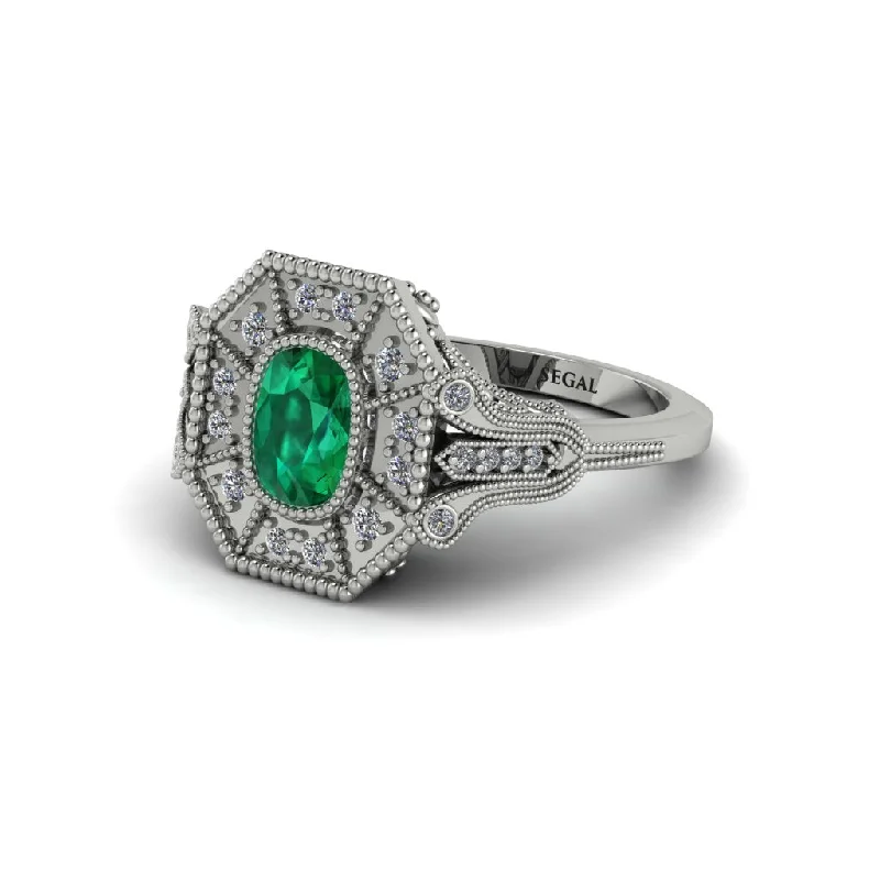 Women’s bridal engagement ring-Emerald Cushion Cut Art Deco Engagement Ring - Alicia No. 6