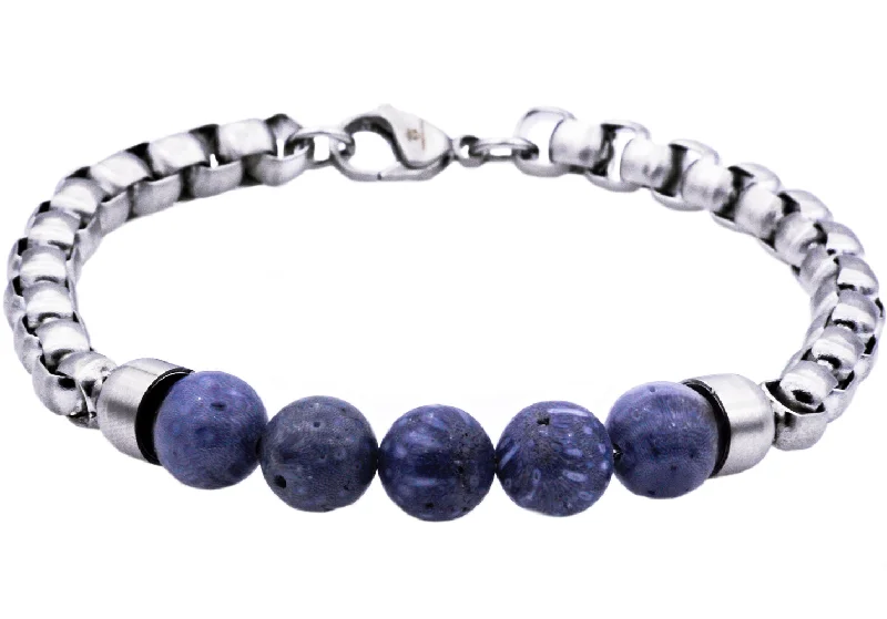 Women’s gold bracelet-Mens Genuine Blue Coral Stainless Steel Beaded And Rolo Link Chain Bracelet