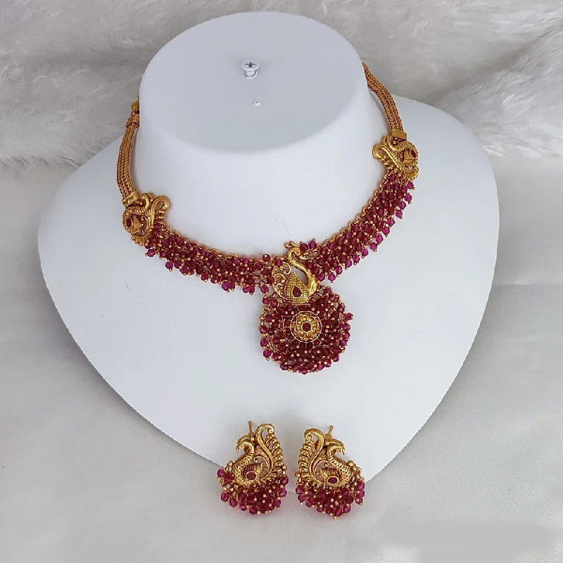 Women’s natural stone necklace-Lucentarts Jewellery Gold Plated Pearls Temple Choker Necklace Set