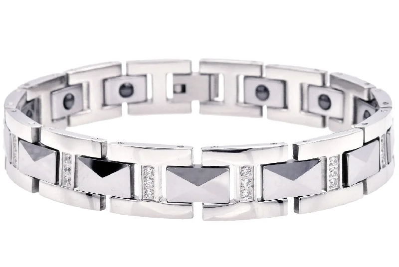 Women’s stackable bracelets-Mens Tungsten Link Bracelet With Cubic Zirconia