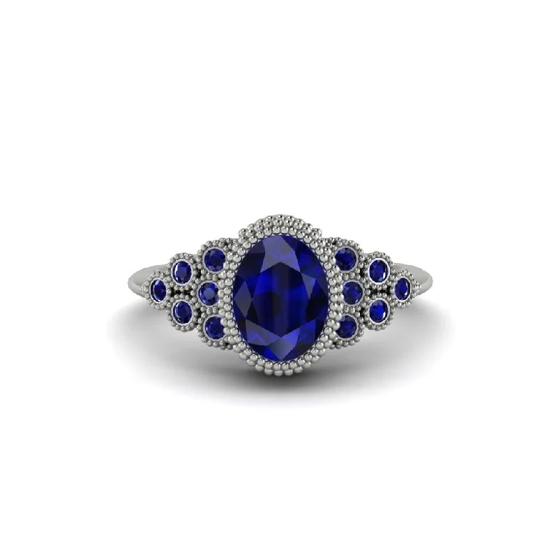 Women’s three-stone diamond ring-Sapphire Milgrain Beaded Bezel Engagement Ring - Stacy No. 75