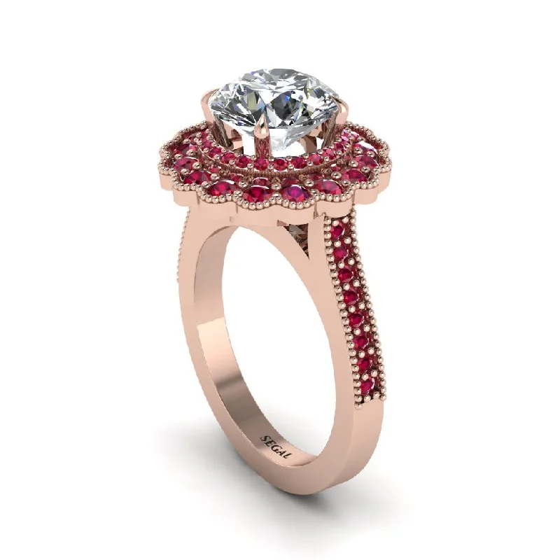 Women’s three-stone diamond ring-Ruby Double Halo Cathedral Engagement Ring - Deirdre No. 47