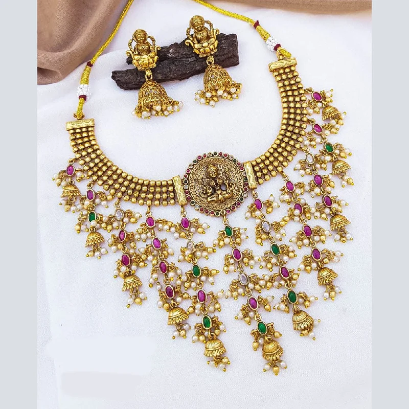 Women’s mixed metal necklace-Sangita Creation  Copper Gold  Pota Stone Temple Long  Necklace Set