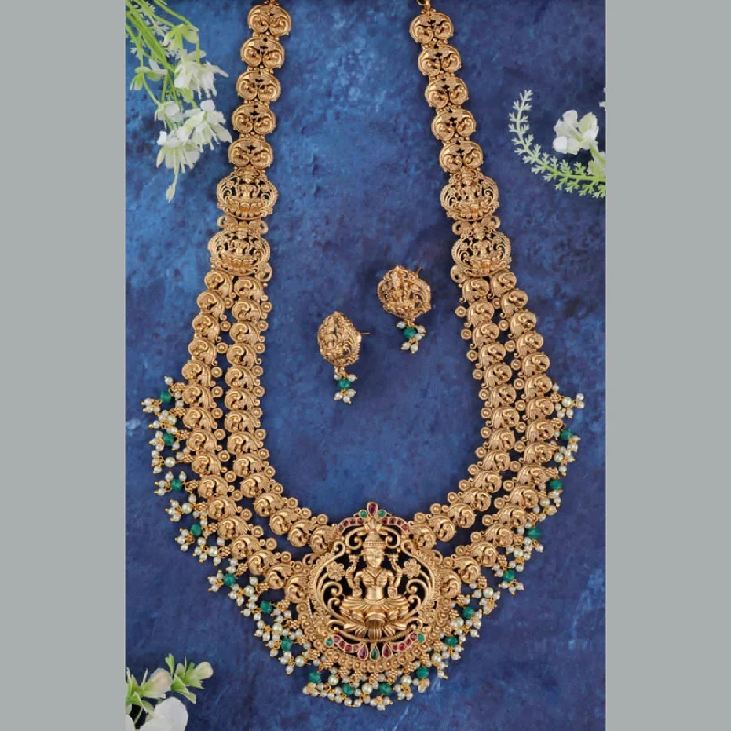 Women’s bridal necklace-Sangita Creation  Copper Gold  Pota Stone Temple Long  Necklace Set