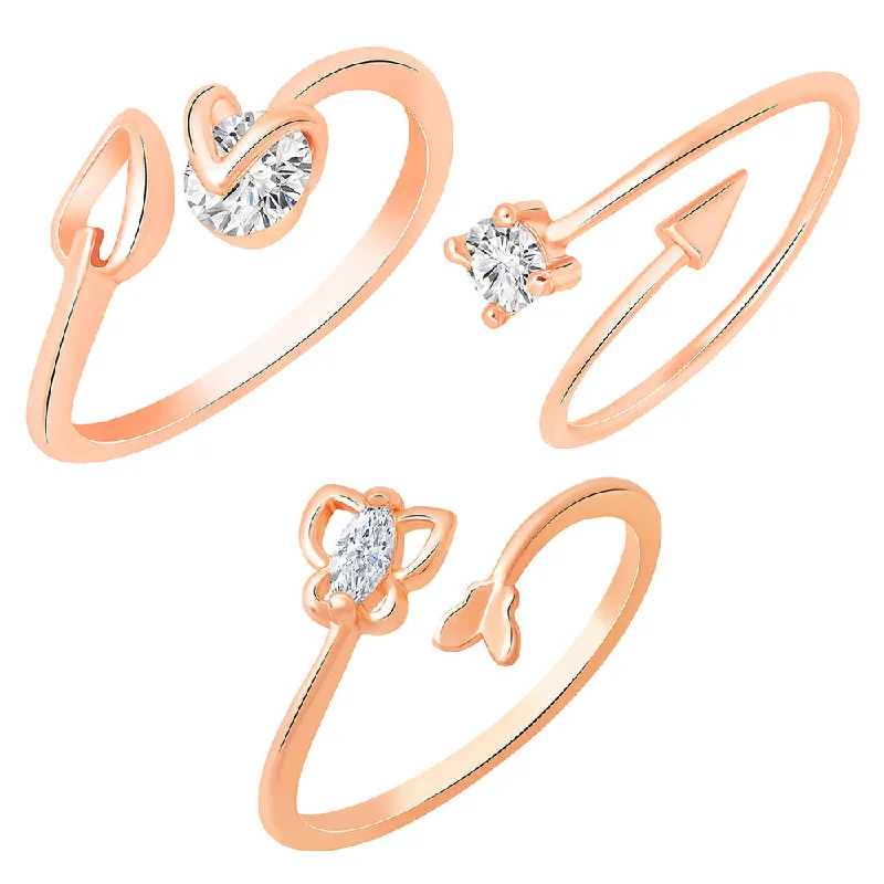 Women’s luxury ring-Mahi Rose Gold Plated Combo of 3 Adjustable Finger Rings with Cubic Zirconia for Women (CO1105444Z)