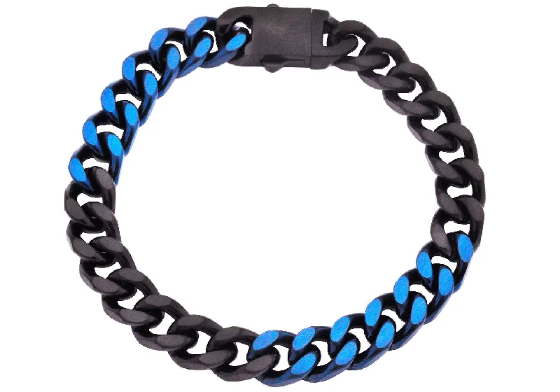 Women’s fashion cuff bracelet-Mens 10mm Two-Toned Black And Blue Plated Stainless Steel Cuban Link Chain Bracelet