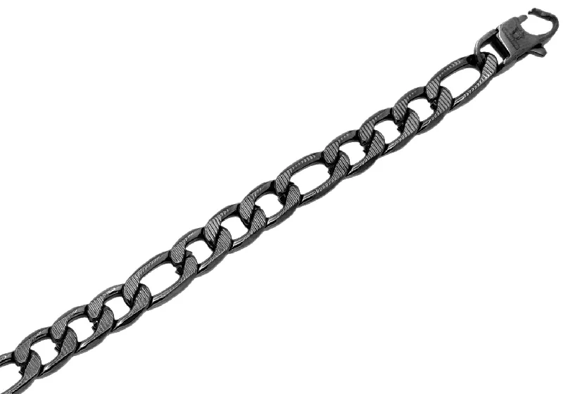 Women’s friendship bracelet-Mens Black Plated Textured Stainless Steel Figaro Link Chain Bracelet